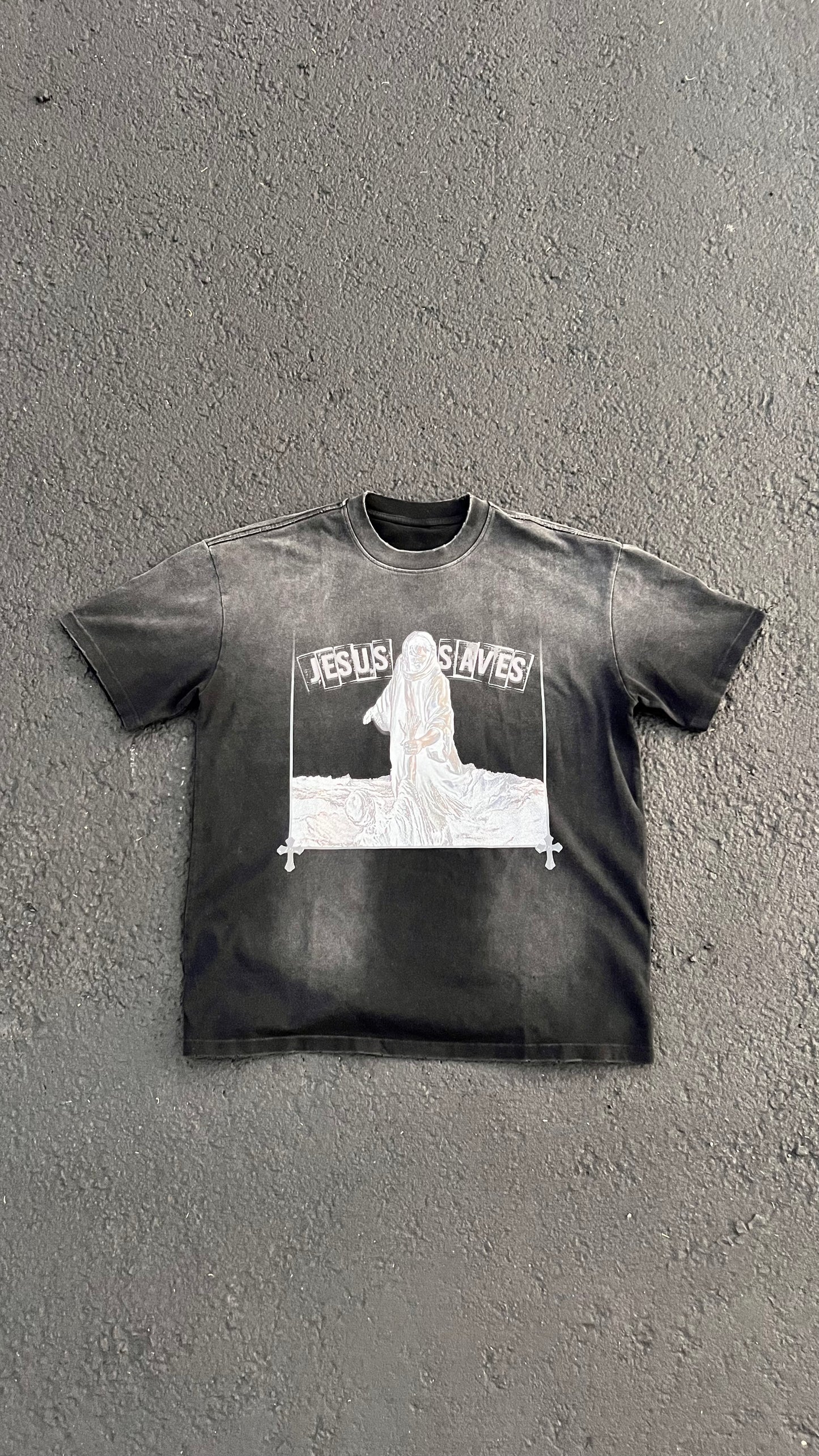 (Black & White) "Jesus Saves" Heavy Wash Tee - 270 GSM
