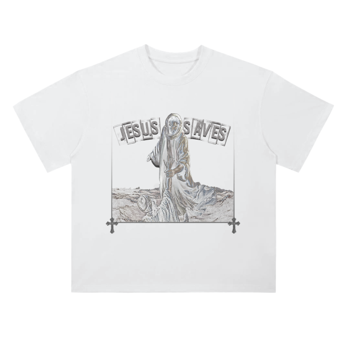 (White) "Jesus Saves" Heavy Wash Tee - 300 GSM
