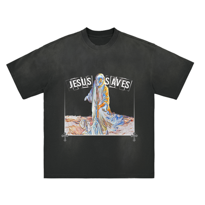 (Black & Pearlescent) "Jesus Saves" Heavy Wash Tee - 270 GSM