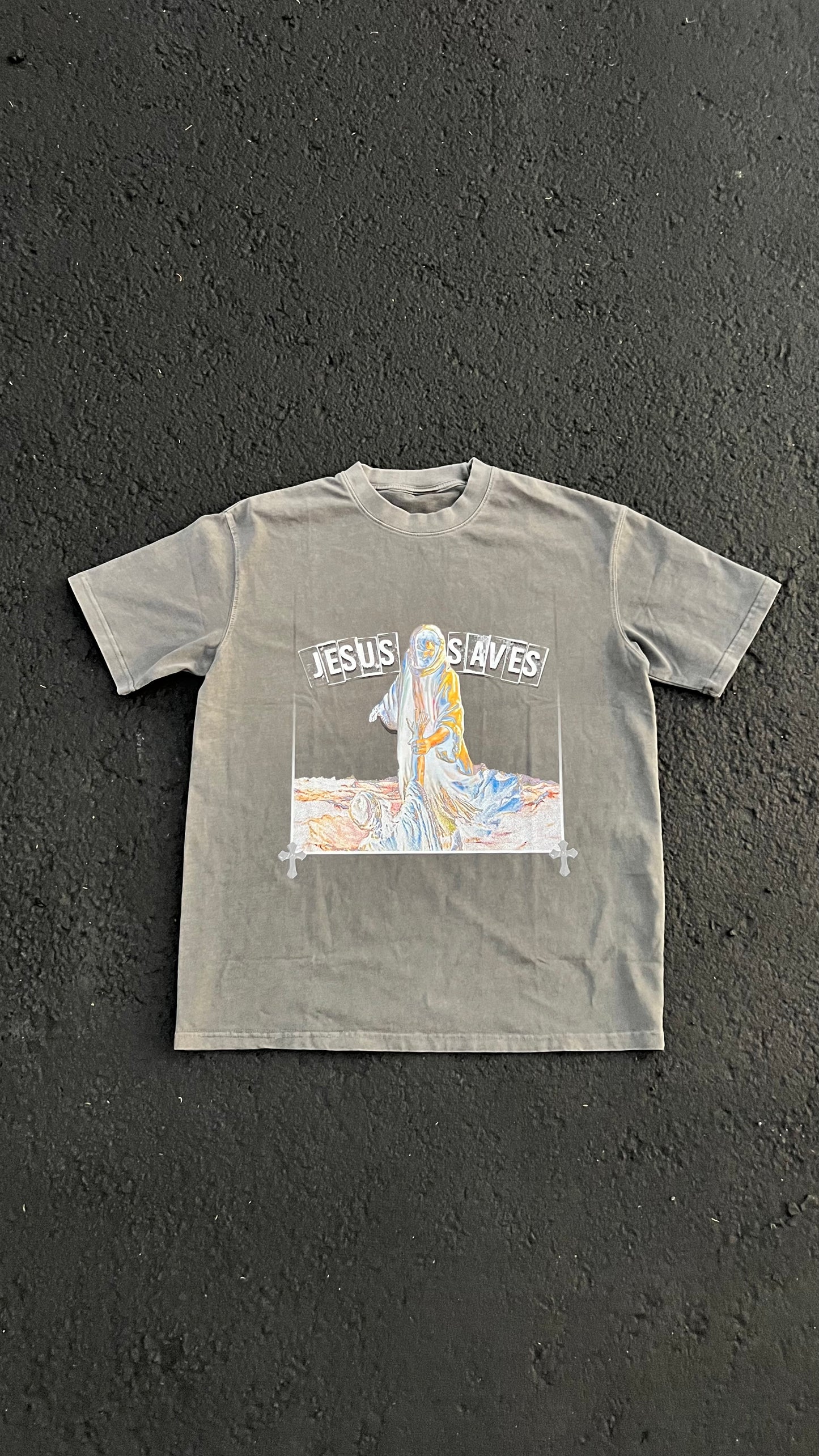 (Gray & Pearlescent) "Jesus Saves" Heavy Wash Tee - 280 GSM