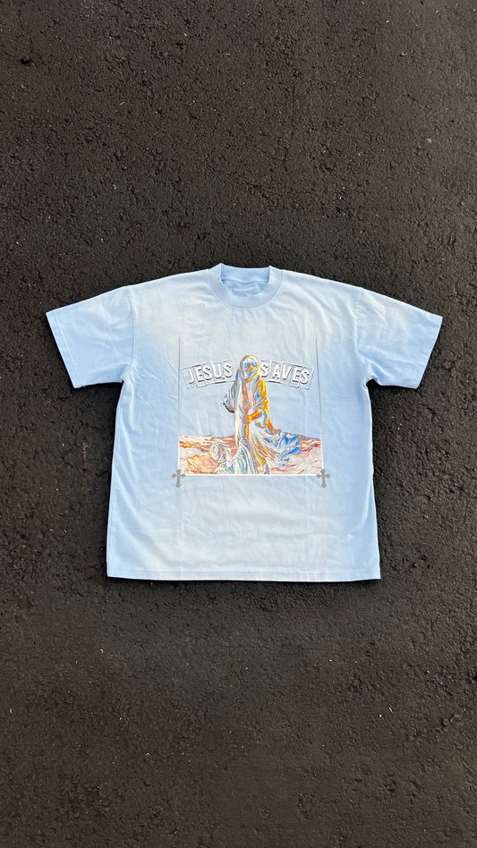 (Sky Blue & Pearlescent) "Jesus Saves" Heavy Wash Tee's - 250 GSM